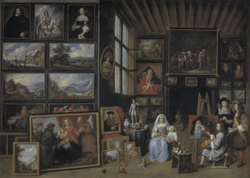 Une galerie de tableaux avec un artiste peignant une femme et une fille. Allégorie de l