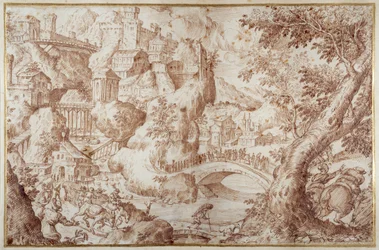 Paysage montagneux fantastique avec des ponts enjambant des ravins, une ville et des voyageurs