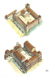 Vue aérienne des phases de construction du palais des Doges (ou palais ducal ou Palazzo Ducale) sur la place Saint-Marc à Venise aux VIIe et XIIe siècles. Italie