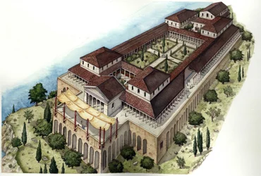 Rome antique : reconstitution de la villa romaine Catulle ou Cave di Catullo, résidence du poète latin du même nom (Ier siècle av. J.-C.), située autour de Sirmione, sur la rive méridionale du lac de Garde (lago di Garda). Italie.