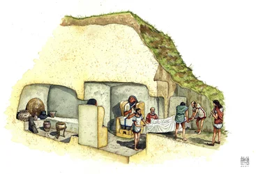 Civilisation étrusque : reconstruction et découpage de la tombe des statues, nécropole de Ceri. VIIe siècle avant J.-C. Italie Illustration de Giorgio Albertini.