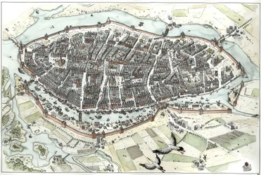 Moyen Âge : vue aérienne de la ville de Lübeck en Allemagne avec plan des rues, montrant sa position géographique sur une île au confluent des rivières Wakenitz et Trave. XVe siècle. Allemagne. Illustration de Giorgio Albertini. (L