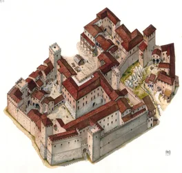 Moyen Âge : vue aérienne du quartier fortifié de Montegiordano vers Rome. Italie du 13e siècle.