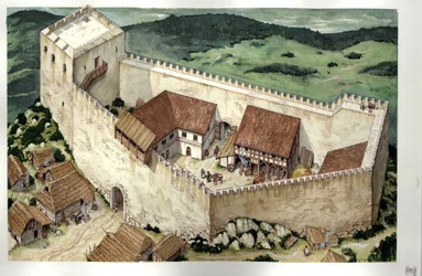 Moyen Âge : reconstruction du château cathare de Montségur (achevé au XIIIe siècle), Ariège, France.