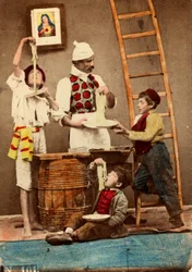 Enfants mangeant des spaghettis avec les mains, Naples, vers 1865