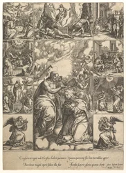 Le Couronnement de la Vierge, entouré de neuf vignettes représentant des scènes de la vie de..., avant 1575.