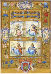 Les quatre évangélistes, dans une bordure de fleurs, d