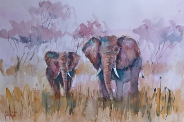 Éléphants dans la savane brumeuse