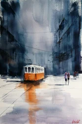 Tramway orange sous la pluie en ville