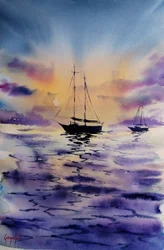 Voiliers au coucher de soleil violet