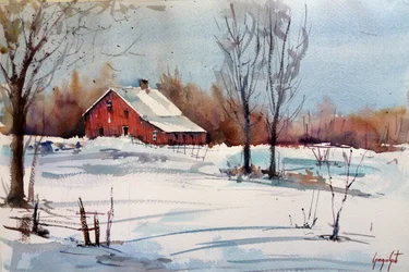 Paysage hivernal avec une grange rouge