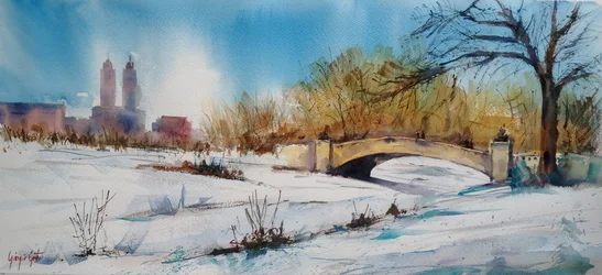 Le pont du parc municipal enneigé