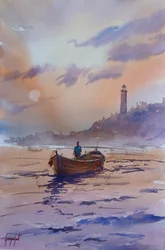 Bateau et phare au coucher du soleil