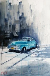 Rue des voitures anciennes bleu sarcelle