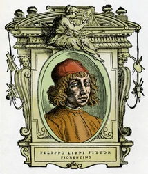 Portrait de Filippo Lippi (1406-1469) peintre florentin. Xylographie de « La vie des peintres » de Giorgio Vasari.