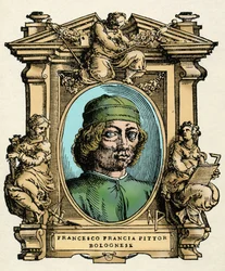 Portrait de Francesco Francia (1450-1517) peintre italien. Gravure du traité « Vies des plus excellents peintres, sculpteurs et architectes » (Le Vite de