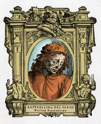 Portrait de Raffaellino del Garbo (Raffaellino de Carli) (1466-1525) peintre italien. Gravure du traité « Vies des plus excellents peintres, sculpteurs et architectes » (Le Vite de