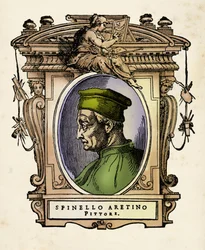 Portrait de Spinello Aretino (ne Spinello di Luca Spinelli) (1350-1410) Gravure tirée des "" Vies "" de Giorgio Vasari (1511-1574) 1568