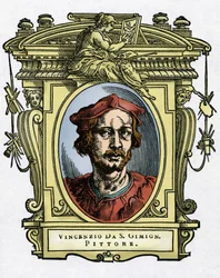 Portrait de Vincenzo Tamagni (Vincenzo da San Gimignano) (1492-1530) peintre italien. Gravure du traité « Vies des plus excellents peintres, sculpteurs et architectes » (Le Vite de