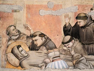 Italie, Florence, Basilique de la Sainte-Croix, Chapelle Bardi, Mort de Saint François par Giotto, fresque, Détail