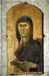 Madone. Portrait de la Vierge sur fond doré. Peinture de Giotto di Bondone (1267? -1337), vers 1290. Tempera sur bois. Taille : 81,5 x 41 cm. Borgo San Lorenzo, Pieve.
