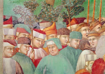 Sainte Claire embrasse le corps de Saint François, détail de la foule sur le côté droit, 1297-99 (détail)
