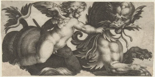 Putto nourrissant un monstre marin avec une feuille