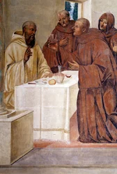 Benoît brise un verre de vin empoisonné en faisant le signe de la croix (détail) fresque du cloître réalisée par Giovan Antonio Bazzi di Sodoma (1477-1549) racontant la vie de Saint Benoît de Nursie (480 - 567) fondateur de l
