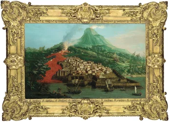 Une île volcanique avec un port et des navires
