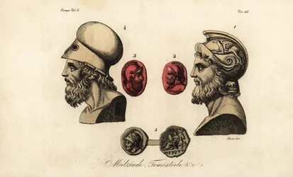 Busts et gemmes des politiciens athéniens Miltiade le Jeune, Thémistocle et le roi Pyrrhus I