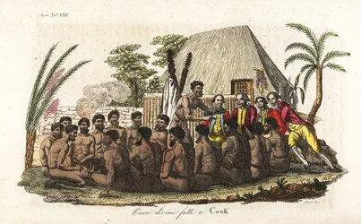 Les indigènes hawaïens offrent un cochon sacrificiel au capitaine James Cook devant 12 prêtres et une idole en bois dans la maison sacrée d