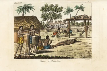 Sacrifice humain dans un marae sacré (Morai) ou cimetière, Tahiti. Tambours à gauche, une victime ligotée et deux fossoyeurs creusant une tombe devant un tas de crânes humains et des carquois de flèches. Gravure sur cuivre colorée à la main par Sasso d