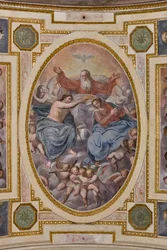 Gênes, Duomo (cathédrale Saint-Laurent), intérieur, chapelle Lercari ou chapelle du Saint-Sacrement (abside nord), voûte : « Couronnement de la Vierge », fresque de Giovanni Battista Castello, dit Bergamasco