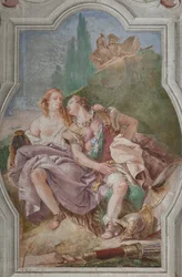 Palazzina (Petit bâtiment) : vue de la quatrième salle ou de Torquato Tasso, avec des fresques représentant des épisodes de "Jérusalem délivrée" : "Rinaldo et Armida dans le jardin enchanté, observés secrètement par Ubaldo et Carlo"