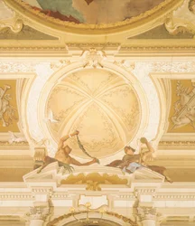 Détail des fresques au plafond de la salle de bal, Villa Pisani, Stra, Venise, par Giambattista Tiepolo (1696-1770)