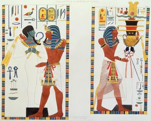 Deux peintures murales des tombes des rois de Thèbes, découvertes par G. Belzoni, planche 5 de « Planches illustrant les recherches en Égypte et en Nubie », gravée par Charles Hullmandel (1789-1850), 1820-22