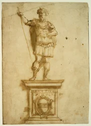 Statue de guerrier debout sur un piédestal