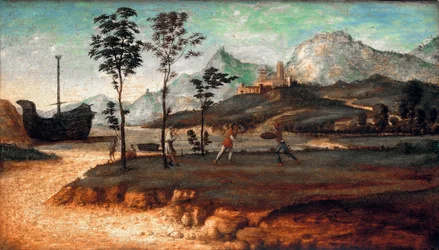Paysage côtier avec deux hommes faisant un duel