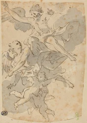 Anges et Putti (plume et encre brune avec lavis gris sur fusain ; posé)