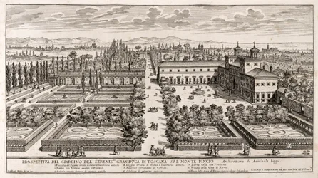 Perspective des jardins de la Villa Médicis à Rome, gravure de Li Giardni (Les Jardins) par Giovanni Battista Falda (1640 ou 1643-1678)