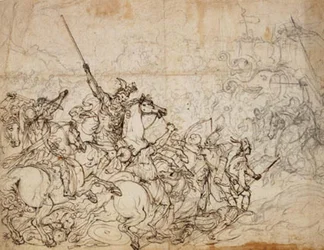 Scène de bataille avec éléphants et orientaux