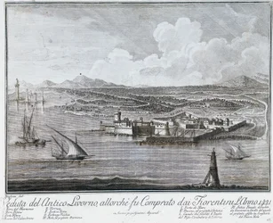 Vue du port de Livourne lors de son achat par les Florentins en 1421, gravure de la Collection des meilleures vues de la ville et du port de Livourne