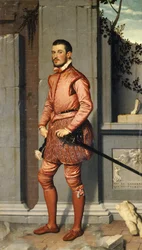 Portrait de Gian Gerolamo Grumelli, chevalier en rose, par Giovanni Battista Moroni (vers 1525-1578), 216 x 123 cm