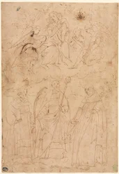 Madone et enfant en gloire au-dessus de trois saints
