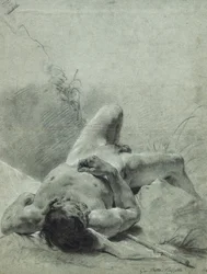 Un jeune homme nu étendu sur le dos, sur un talus, couché sur un étendard