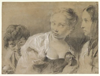 Garçon avec un œuf, fille avec une poule et femme observant