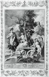 Carlo et Ubaldo dans les Îles Heureuses, gravure pour le Chant XV de La Jérusalem délivrée, par Torquato Tasso (1544-1595), édition de Giovanni Battista Albrizzi, Venise, Italie
