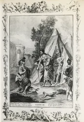 La Jérusalem délivrée, chant III, illustration de Giovanni Battista Piazzetta (1683-1754) pour un poème de Torquato Tasso (1544-1595), édition publiée à Venise en 1745, Italie