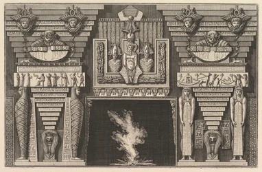 Cheminée de style égyptien : Deux momies de profil à gauche et deux figures..., vers 1769