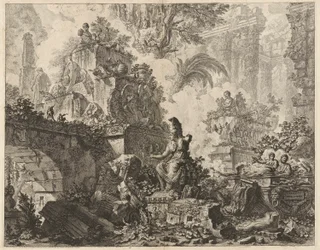 Frontispice, Fantaisie de ruines avec une statue de Minerve au premier plan, de Vedute di Roma (Vues de Rome)